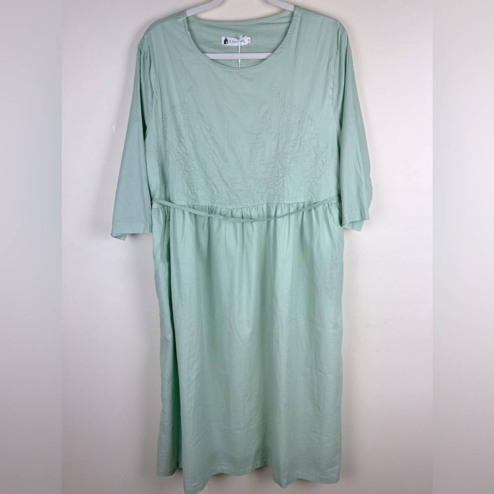 3 Fat Men | Dainty Cottagecore Feminine Embroidered Midi Dress Pale Green | 2XL